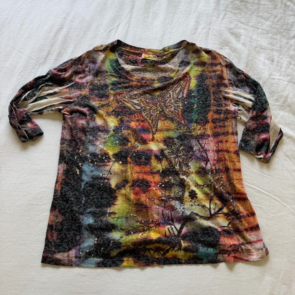Boho Avenue Multi Color Butterfly Print Cold Shoulder 3/4 Sleeve Top 18/20 - Picture 8 of 8
